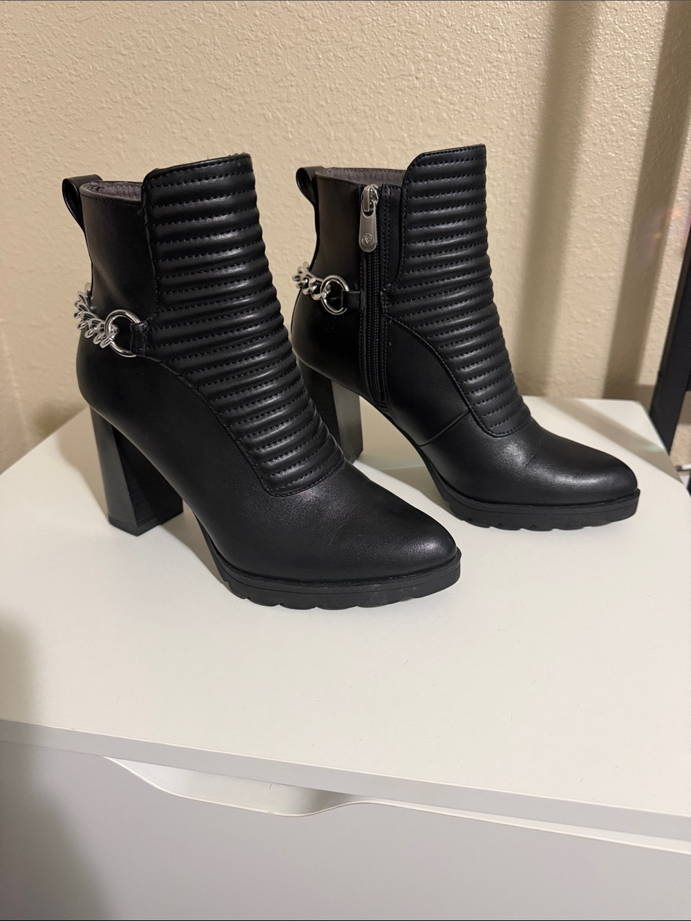 Adrienne Vittadini Black Quilted Ankle Boots with Chain Accent